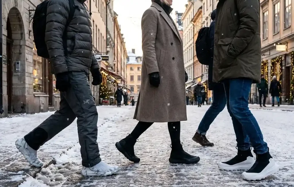 アークテリクスのスノーブーツを冬の街で着用しているイメージ画像