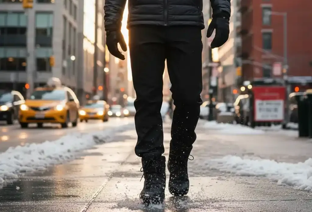 ノースフェイスのブーツを履いて街を歩いているイメージ画像
