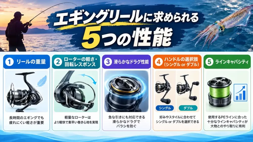 シマノのエギングおすすめリール記事のエギングリールに求められる性能見出しの画像