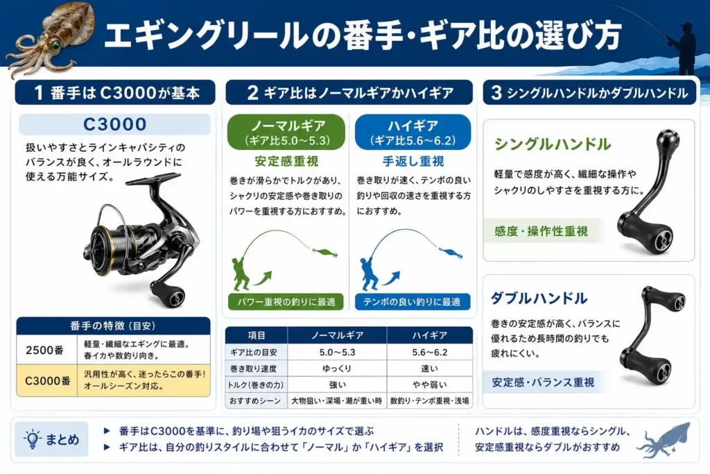 シマノのエギングおすすめリール記事の番手・ギア比の選び方見出しの画像