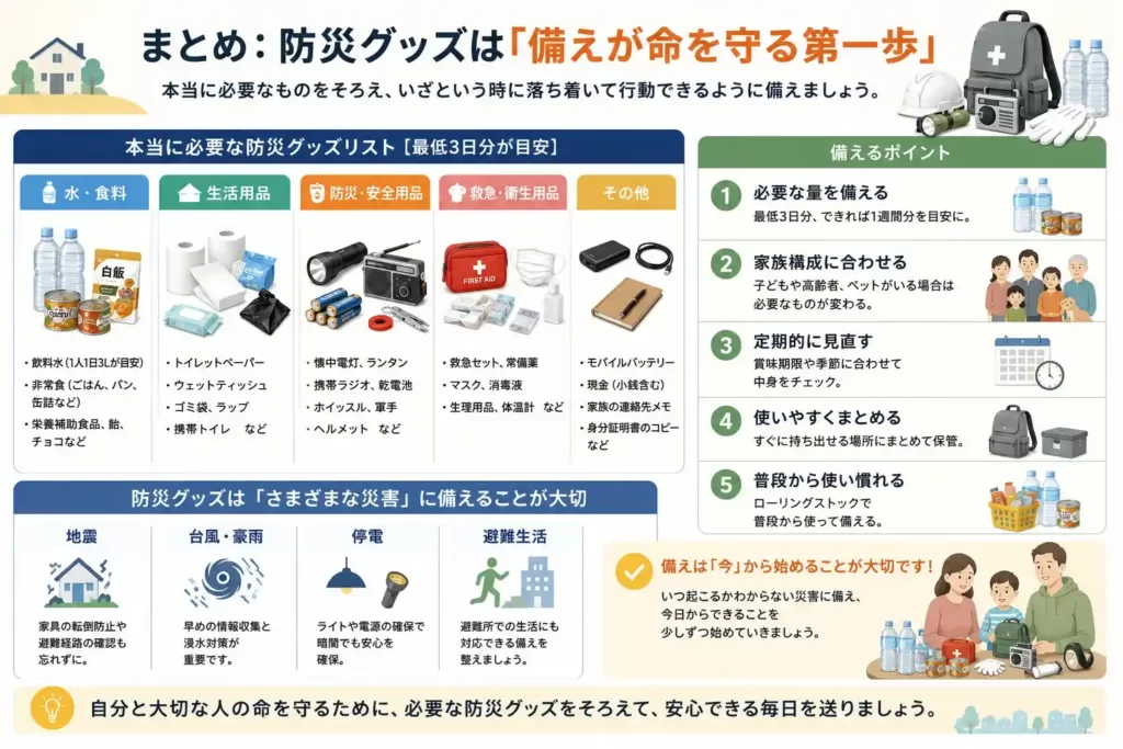 防災グッズで本当に必要なものをまとめた図解